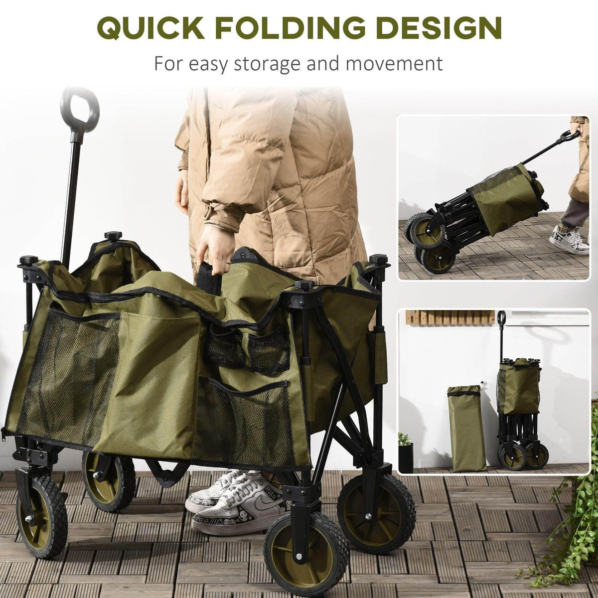 Olive folding garden trolley with quick-fold frame and pull handle