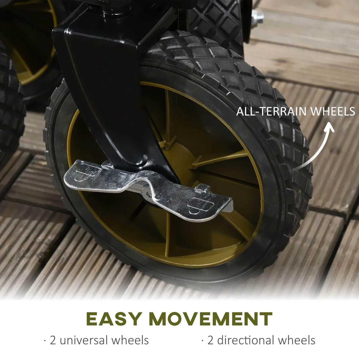 All-terrain wheel with tread on an olive folding garden trolley
