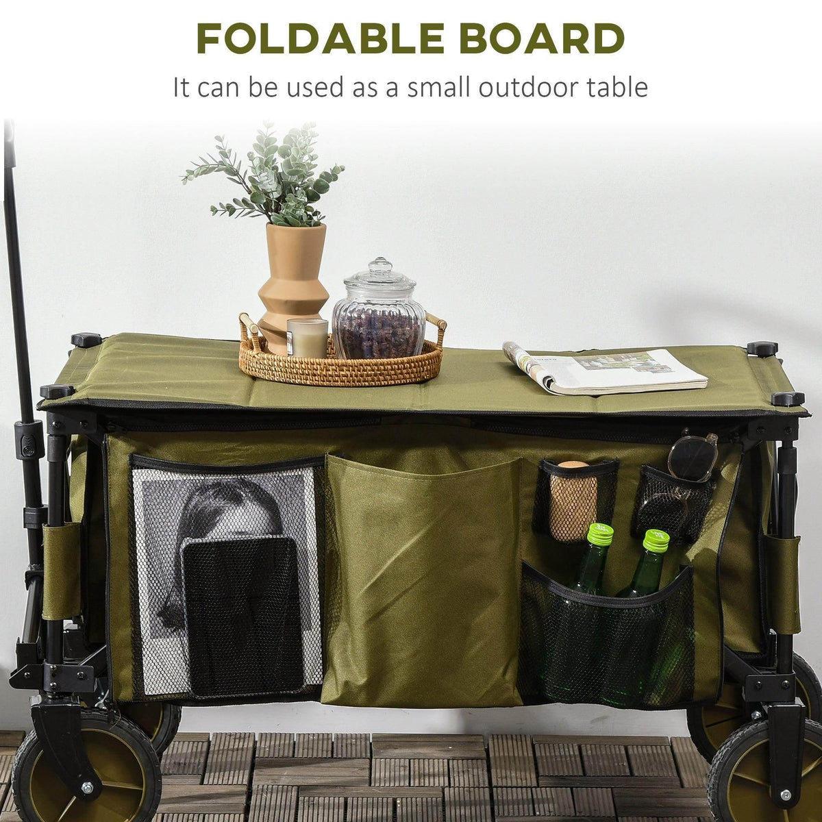 Olive folding garden trolley with tabletop board, mesh side panels, and bottle pocket