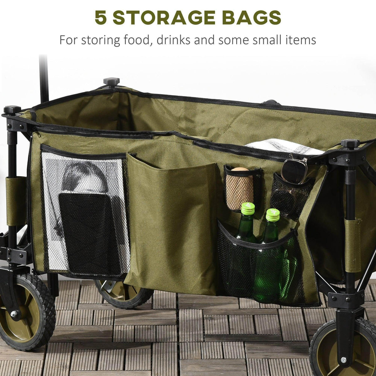 Olive folding garden trolley with multiple storage bags and front mesh pocket
