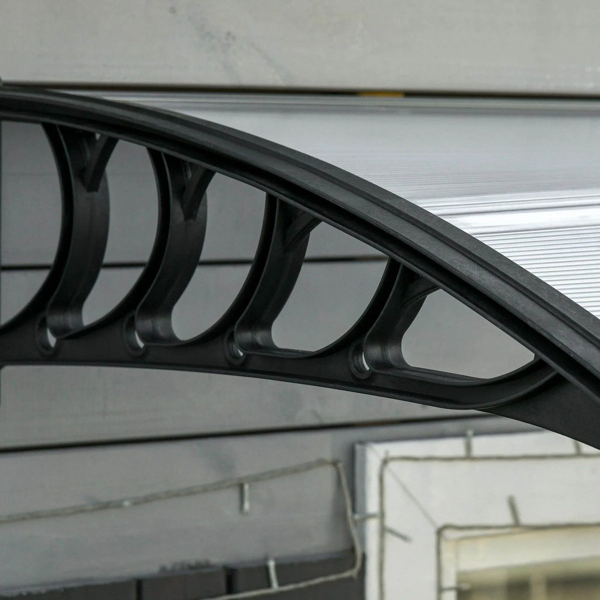 Black underside mounting bracket for clear polycarbonate awning rail