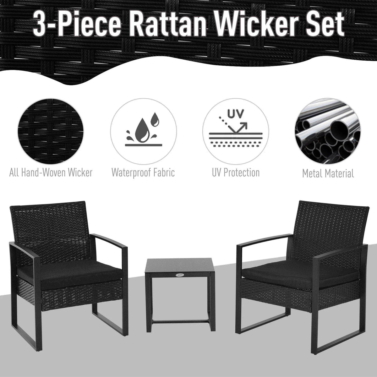 Black rattan patio set with two armchairs and matching square side table