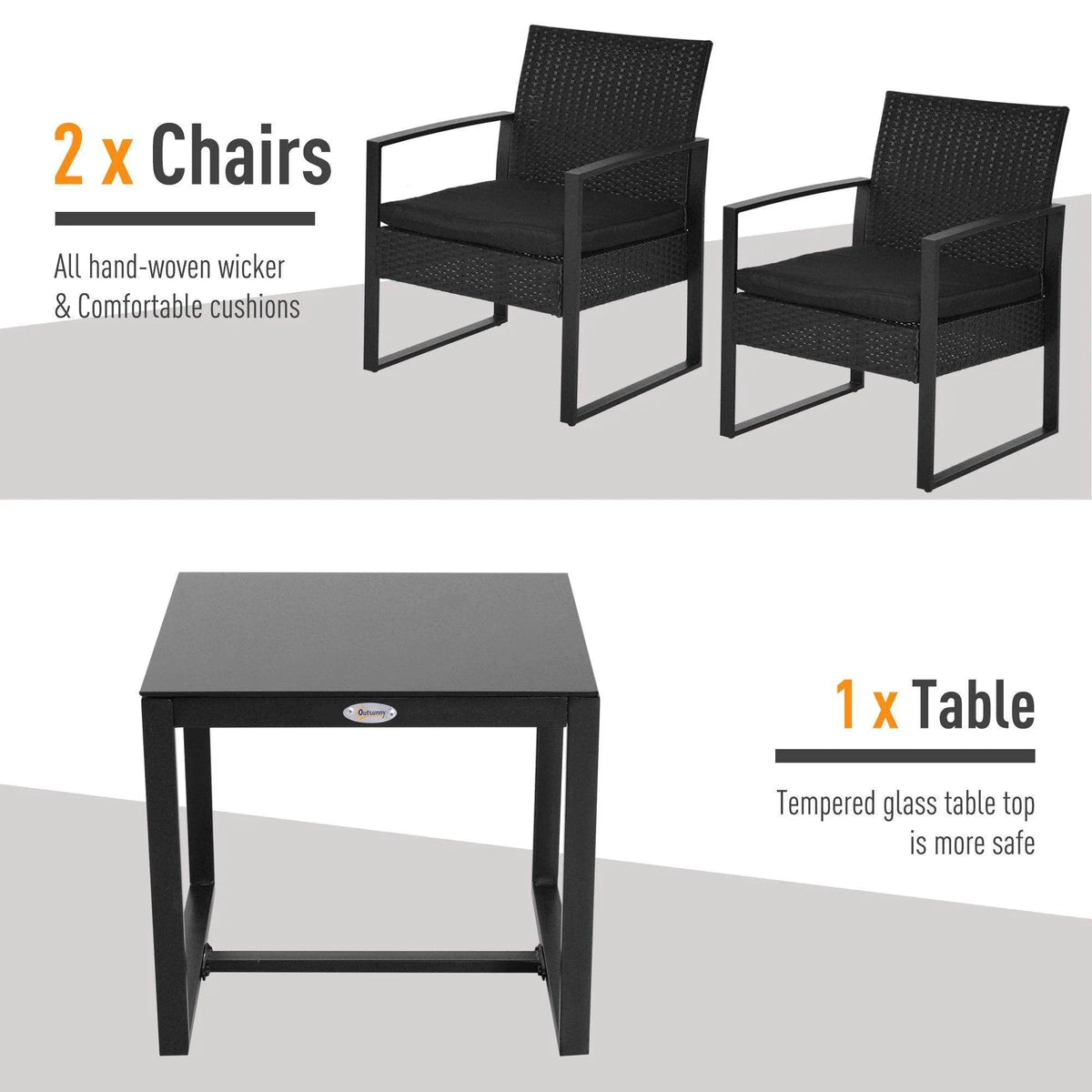 Black rattan bistro set with two cushioned chairs and tempered-glass table