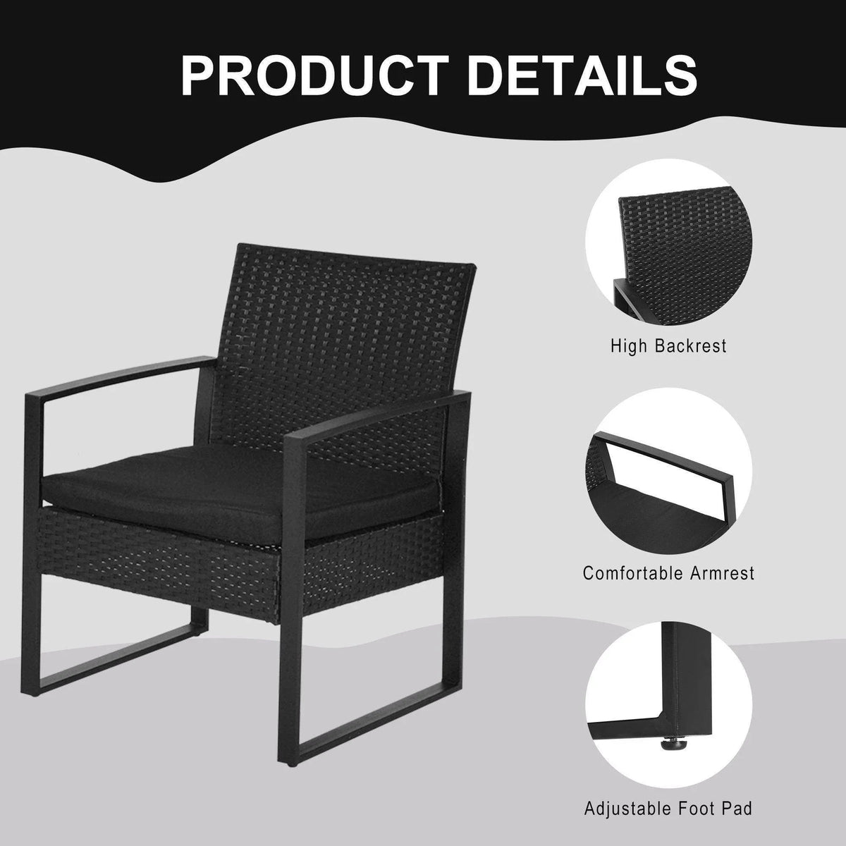 Black high-back rattan armchair with padded seat and armrests, adjustable foot pads
