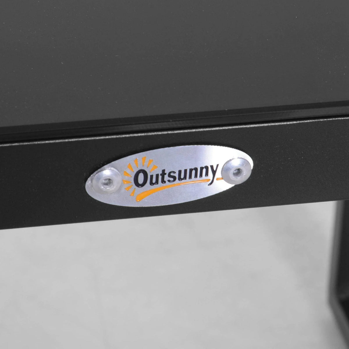 Outsunny logo on black metal base rail of outdoor rattan bistro table