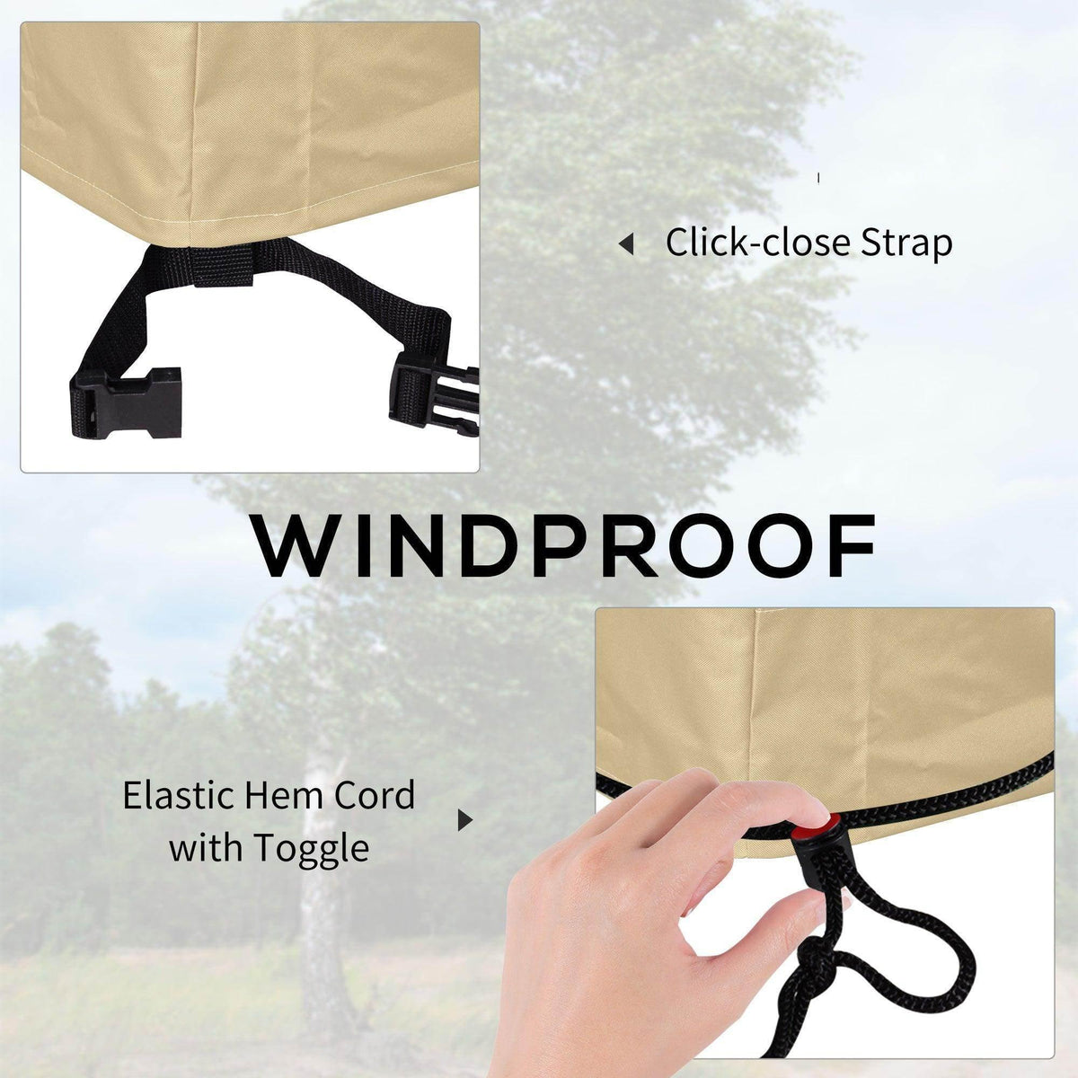 Beige garden furniture cover with elastic hem cord and click-close strap
