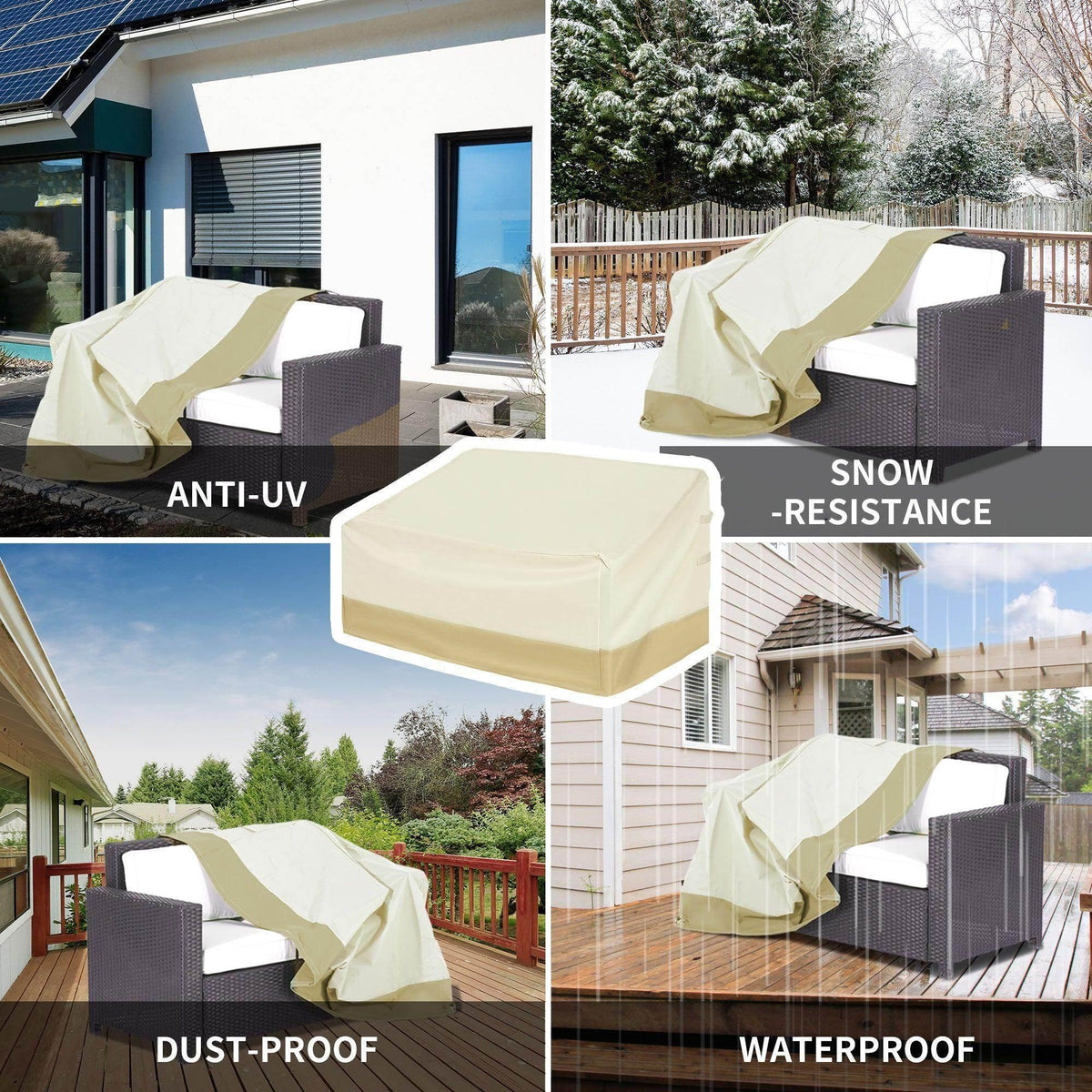 Beige garden furniture cover secured on outdoor seating with straps