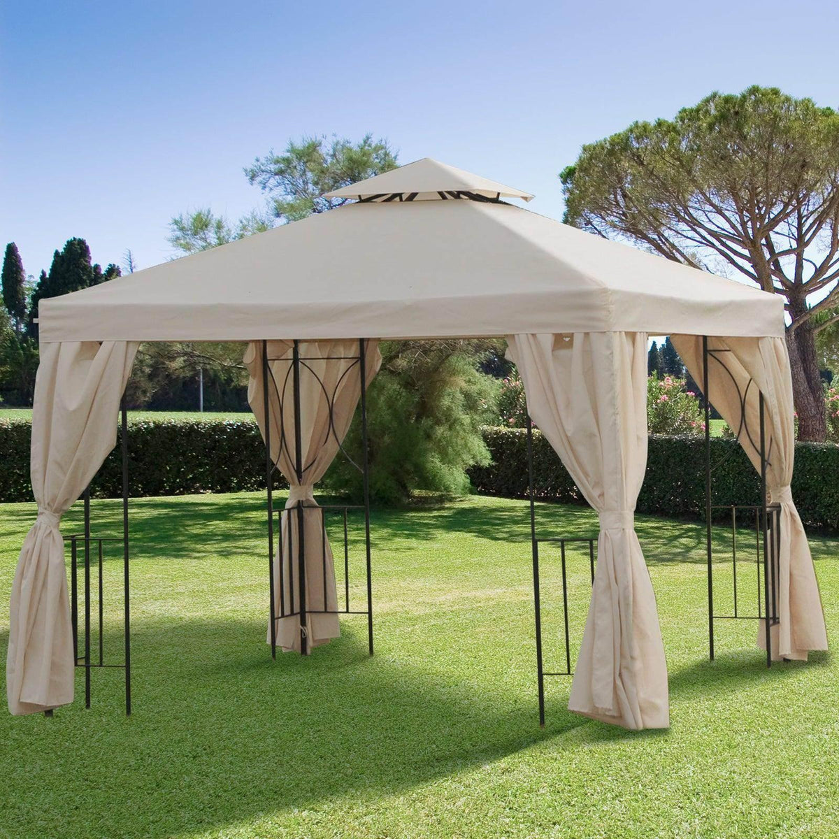 Beige garden gazebo pavilion tent with open sides and hanging side curtains