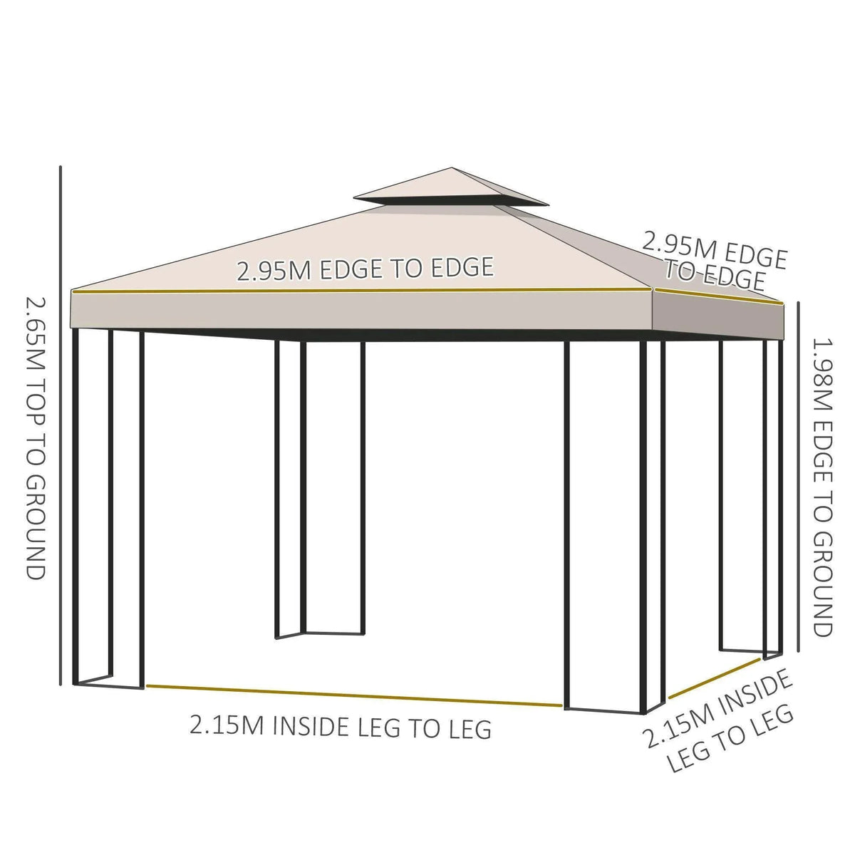 Beige gazebo pavilion tent frame diagram with roof top and vertical support legs