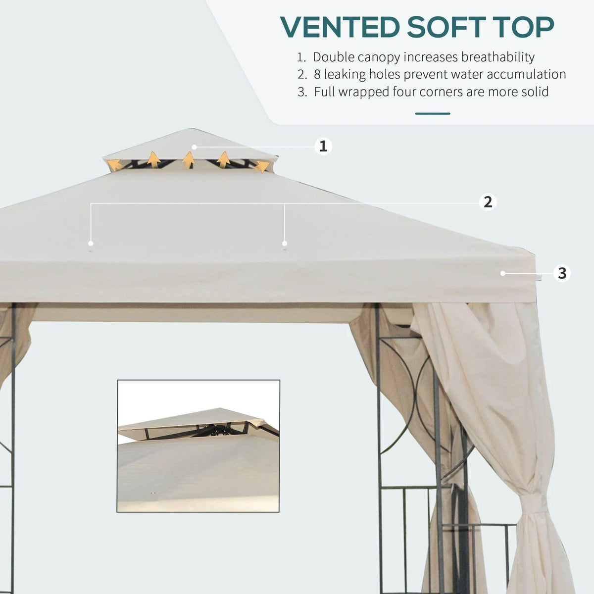 Beige gazebo pavilion tent with double-canopy soft top and hanging side curtains