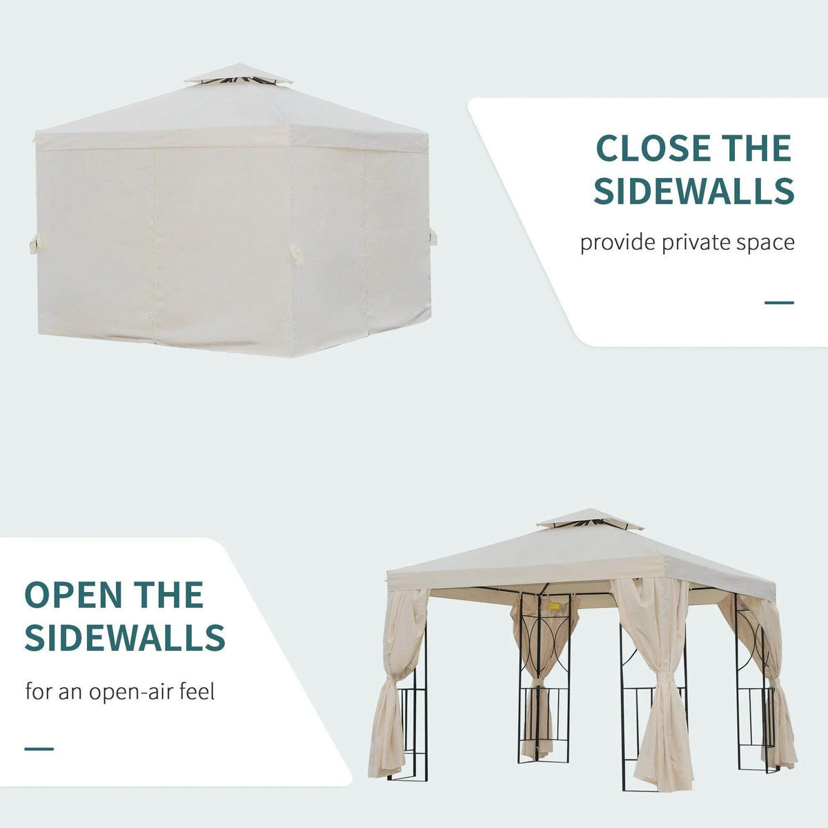 Beige gazebo pavilion tent with open sidewalls for airflow and private hanging curtains