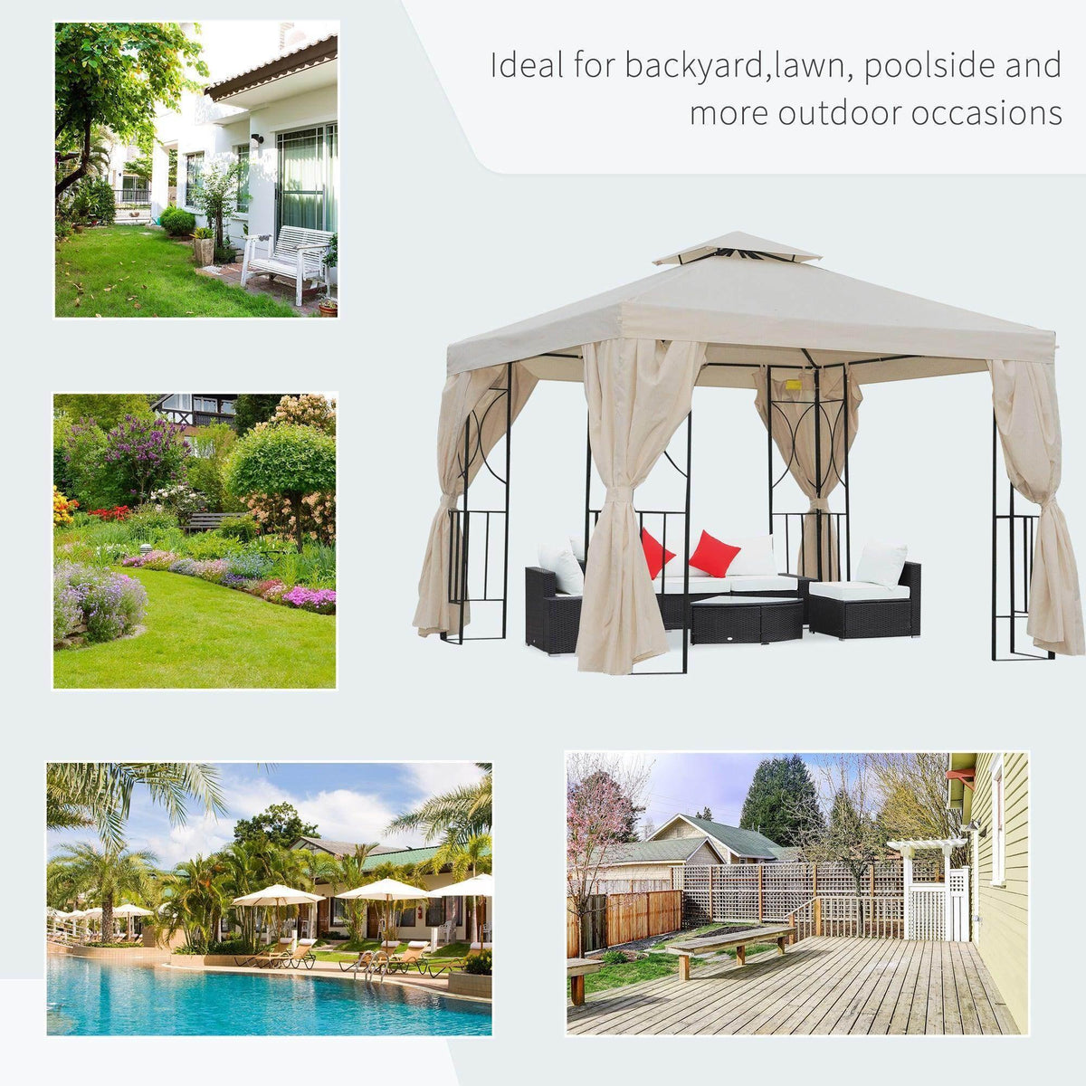 Beige gazebo pavilion tent with open curtains and black frame around outdoor seating