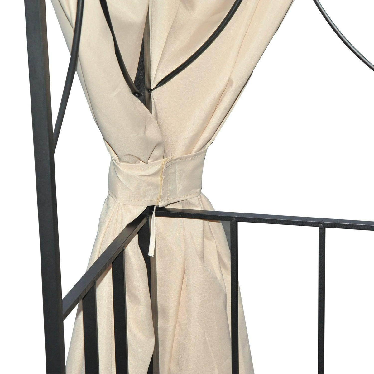 Beige side curtain tied at the bottom to a black gazebo frame with pleats