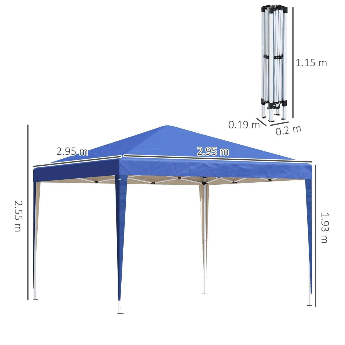 Blue 3x3m pop-up gazebo with angled roof and four corner legs