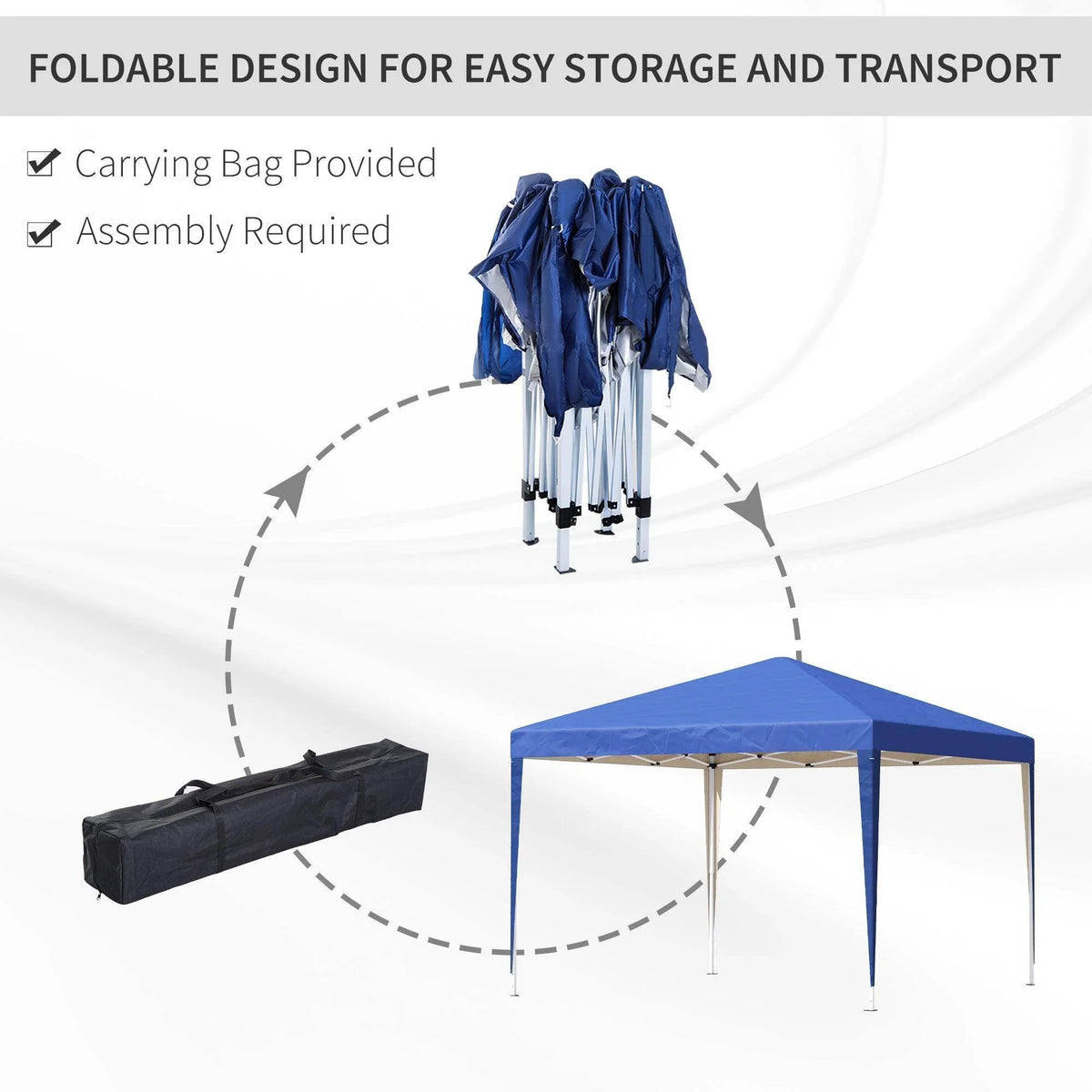 Blue pop-up gazebo with folded frame and included carrying bag for transport