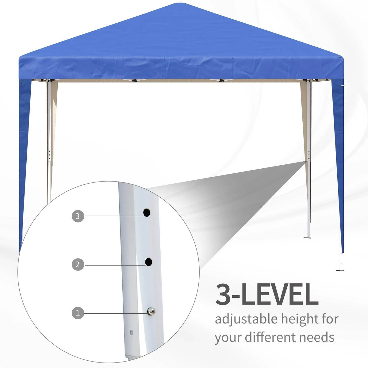 Blue pop-up gazebo with 3 adjustable height settings on white steel legs