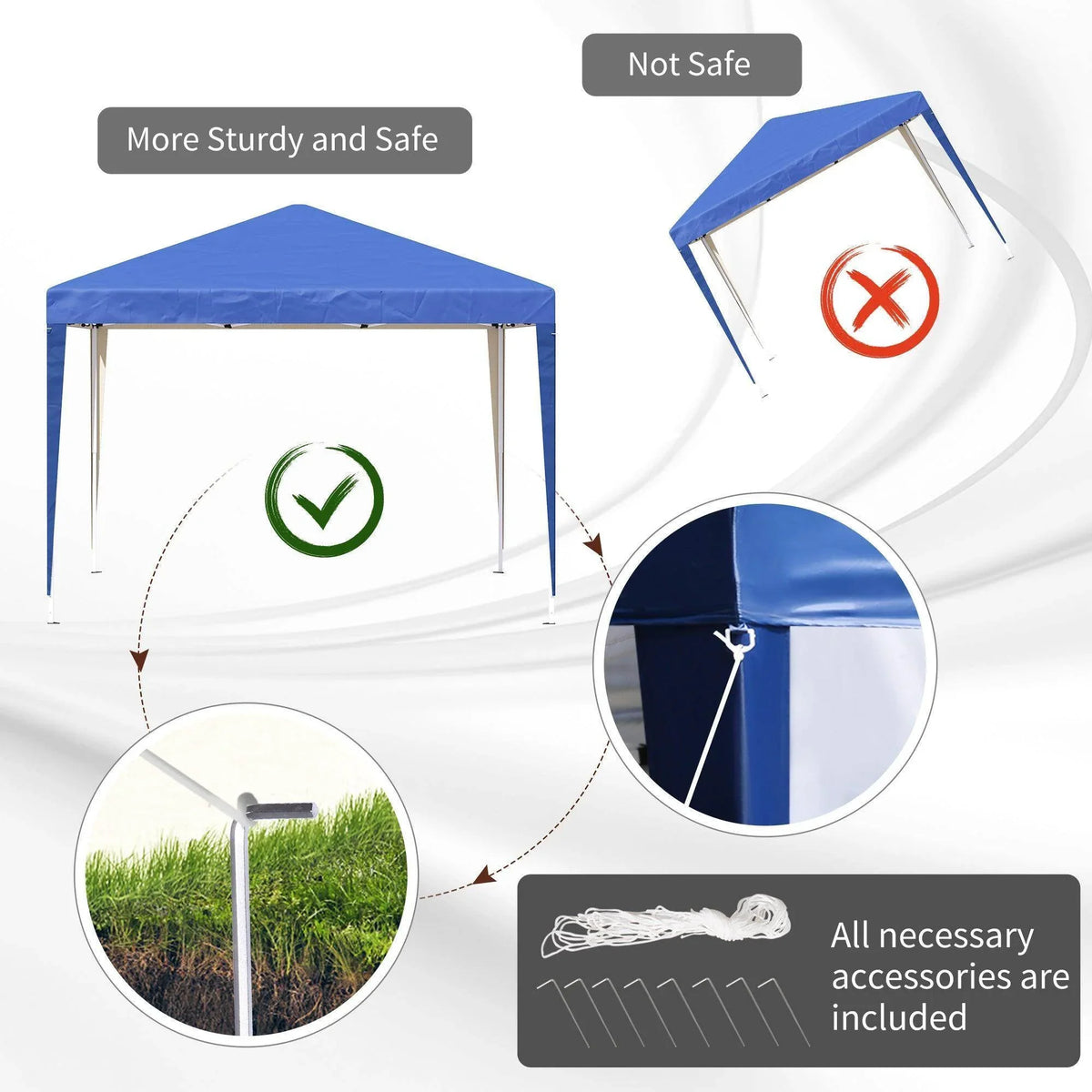 Blue pop-up gazebo with reinforced roof corners, secured steel frame, and included parts