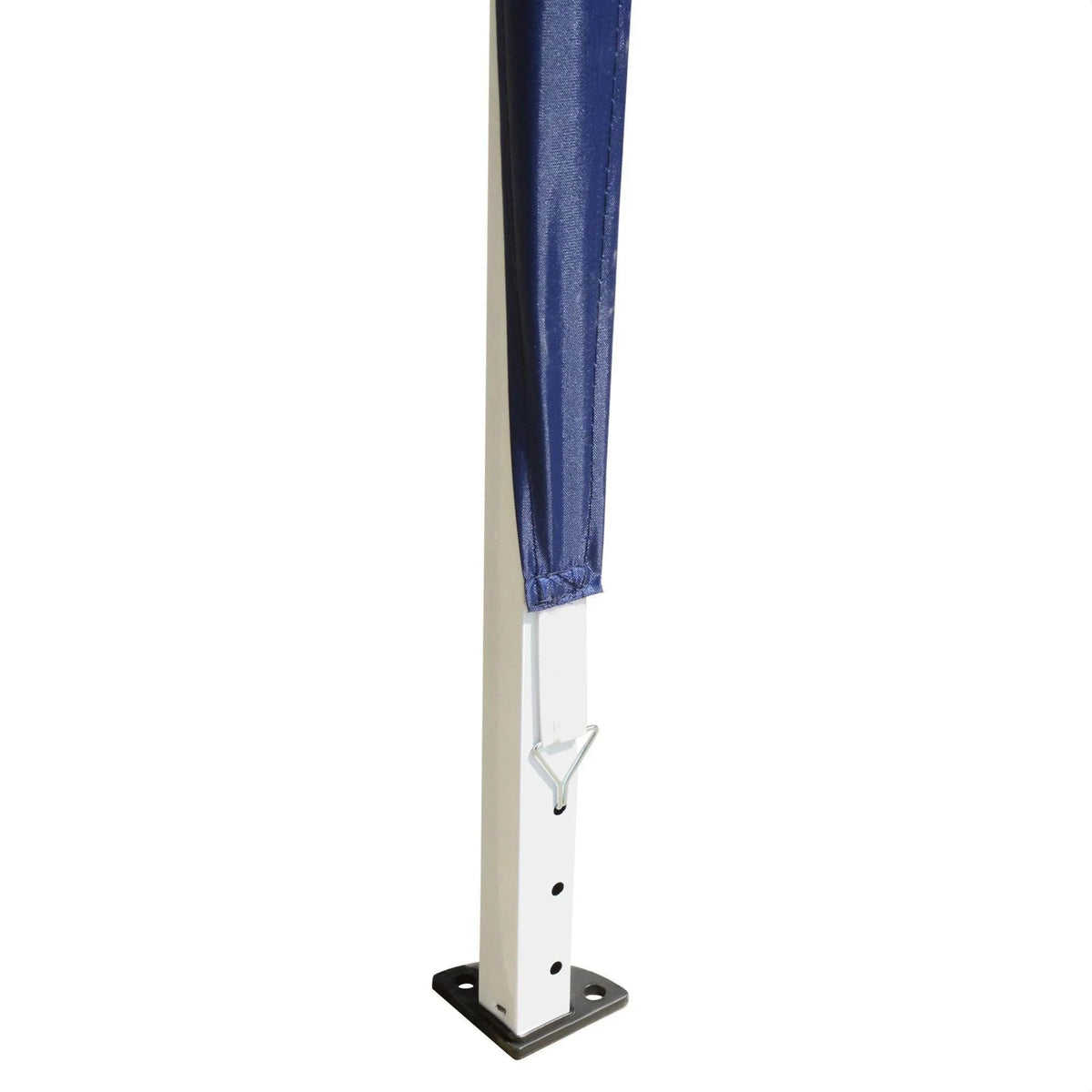 Close-up of blue fabric canopy corner and white steel leg with base plate