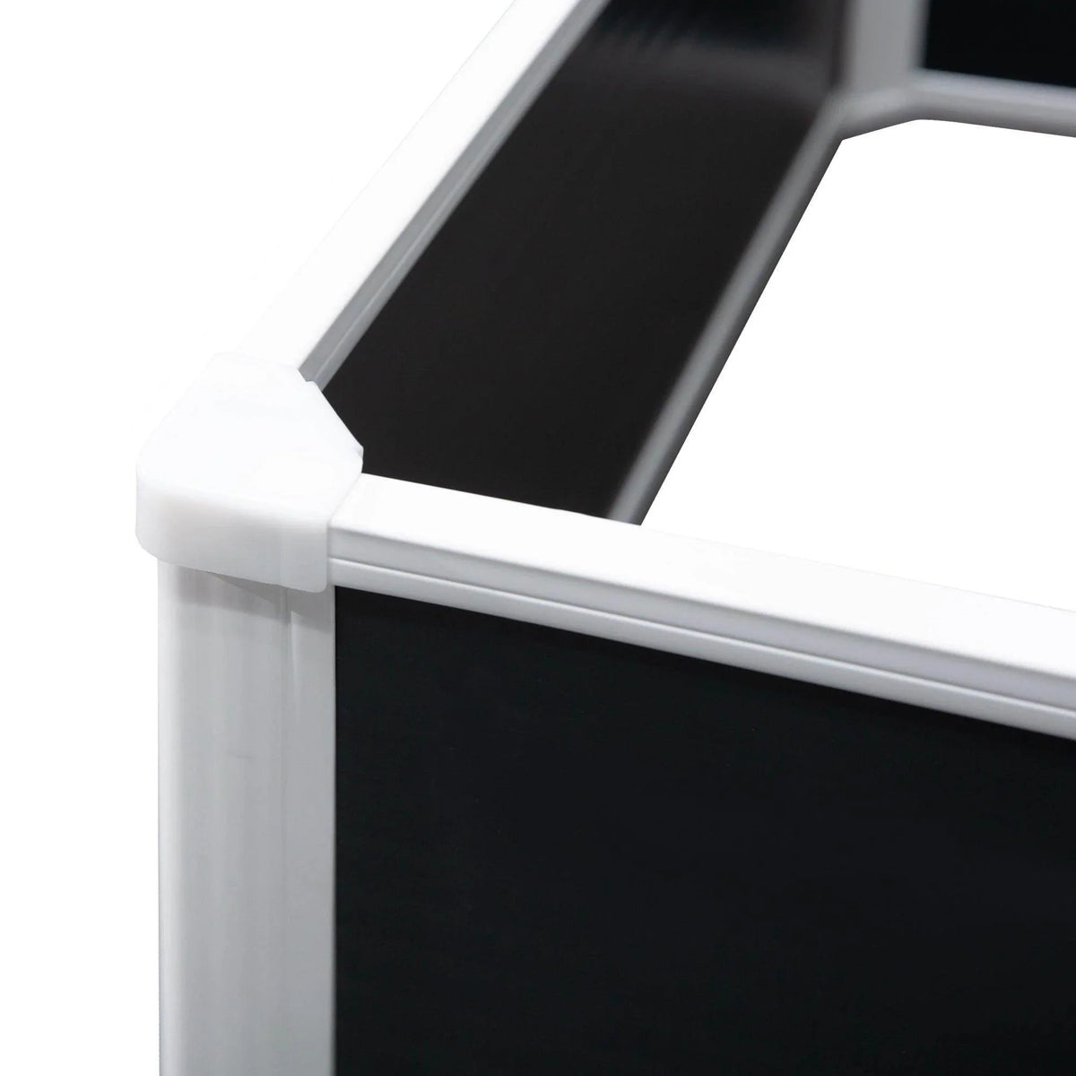 Raised garden bed planter corner detail, dark panel with white border