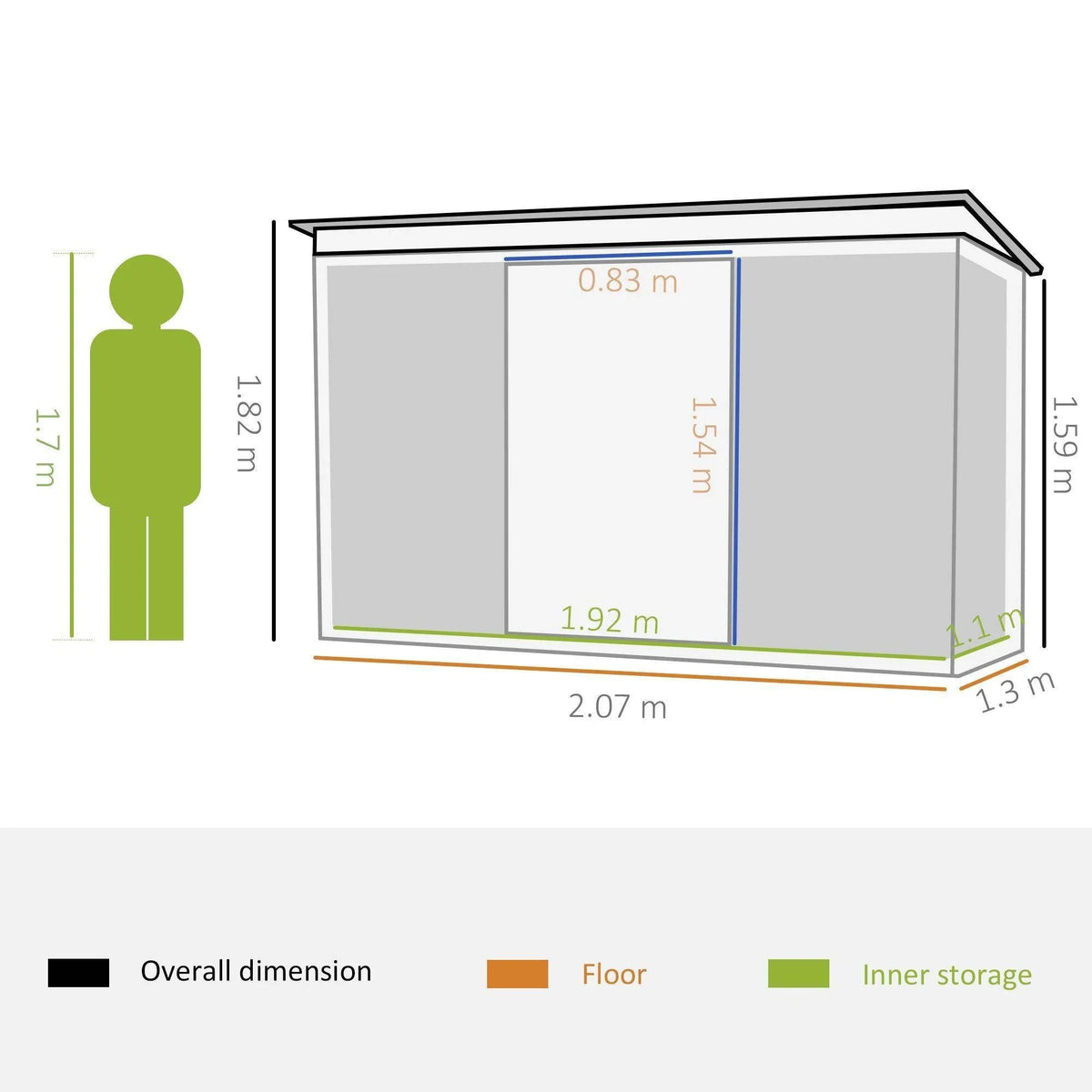 Outdoor tool storage shed with labeled dimensions and front door opening