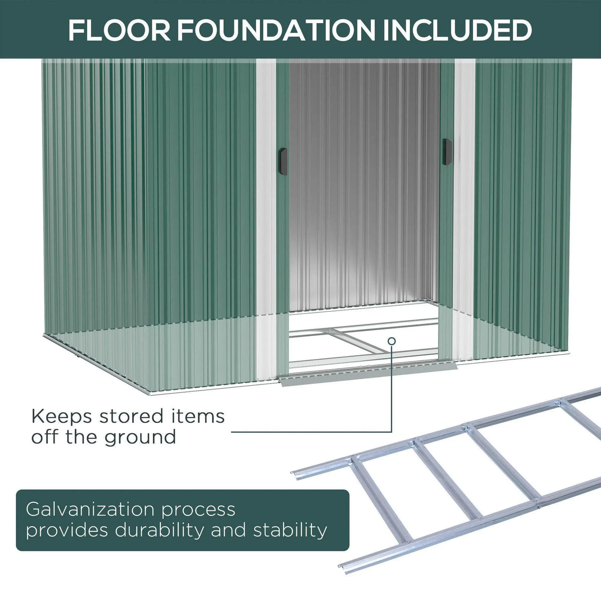 Green metal shed with open front and raised floor foundation for ground clearance
