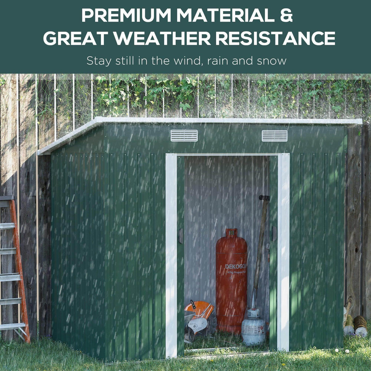Green garden tool storage shed with two vent panels under rainy weather