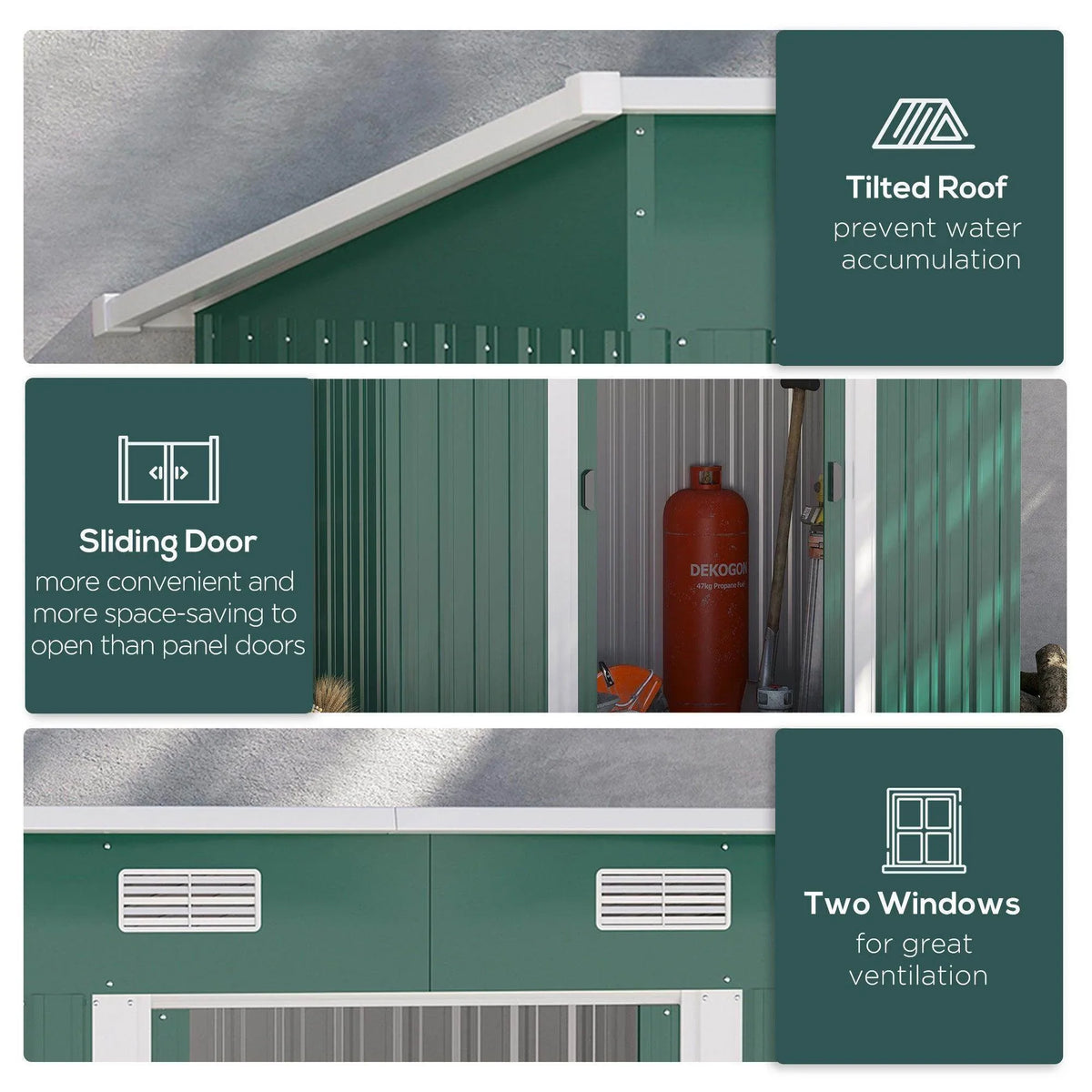 Green metal shed showing slanted roof, sliding door, and two vent windows