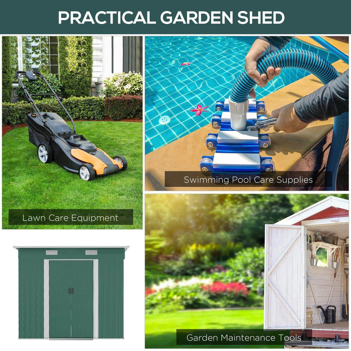 Green outdoor tool storage shed with white double door