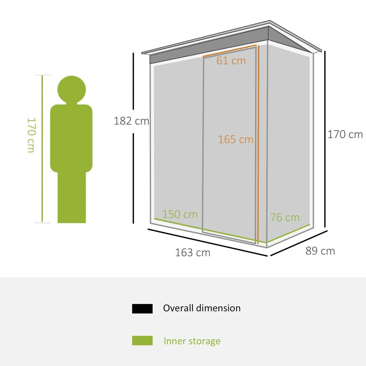 Garden storage shed size diagram showing overall dimensions and height