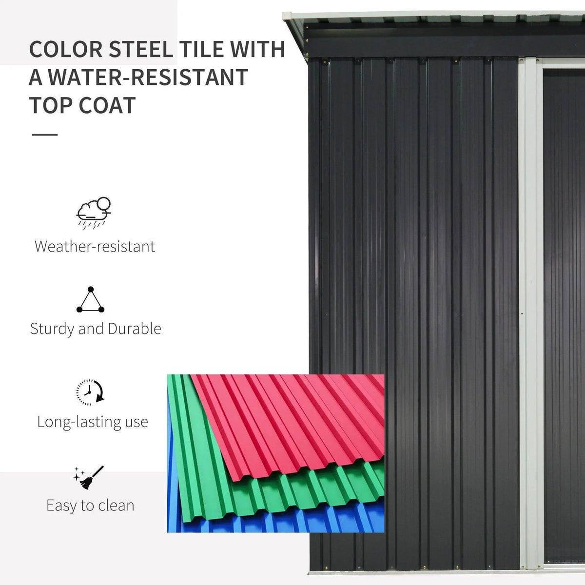 Black metal shed wall with color-steel tile roof top coat detail