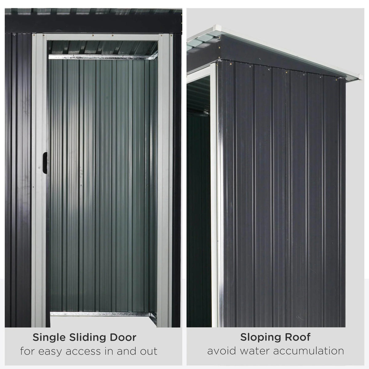 Metal garden shed with single sliding door and sloping roof panels