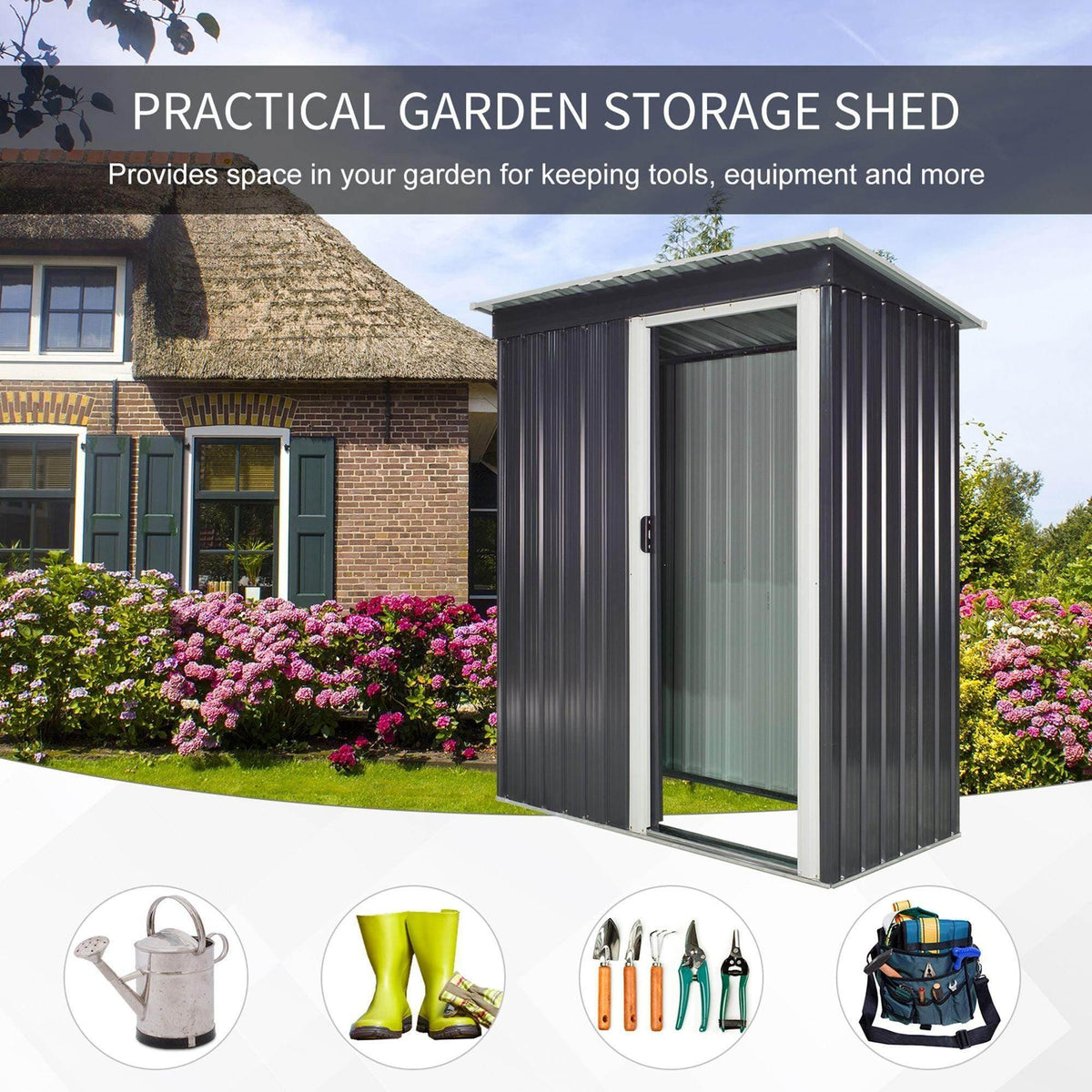 Black metal garden storage shed with sliding door and clear window panel