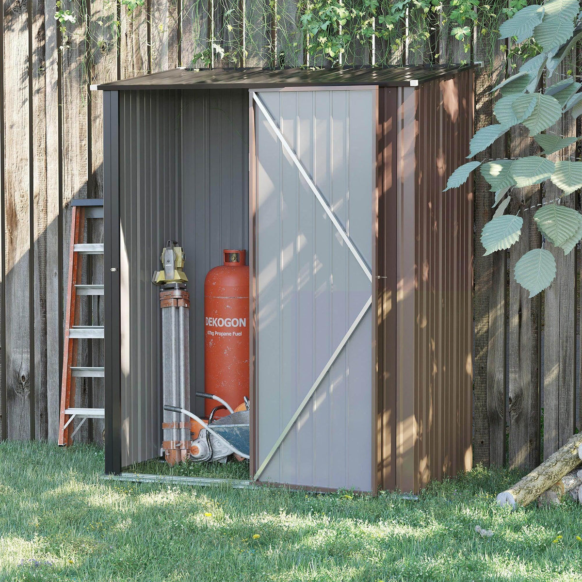 Brown and gray metal garden storage shed with two doors and diagonal bracing