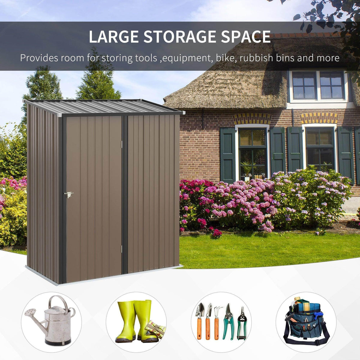Brown and gray garden storage shed with double doors and sloped metal roof