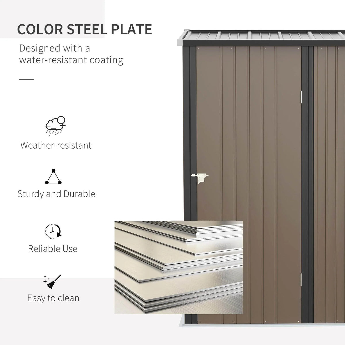 Brown metal shed front with two doors, silver handle, and steel sheet roof