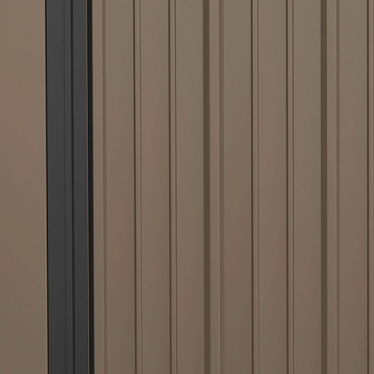 Close-up of brown vertical corrugated metal panels with dark side trim