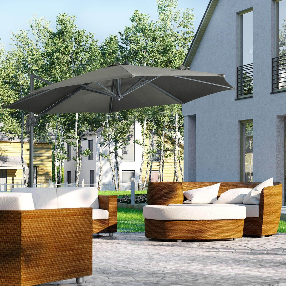 Grey cantilever garden umbrella with open canopy over outdoor seating