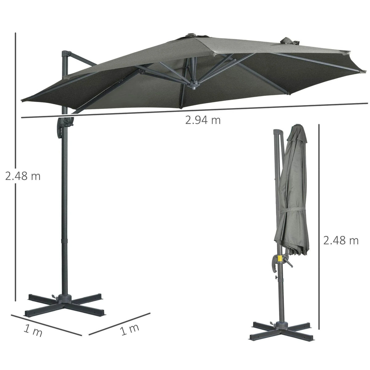 Grey cantilever umbrella with crank handle, tilting canopy, and freestanding base