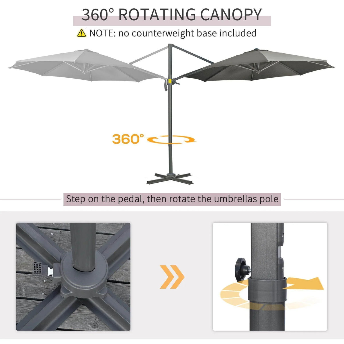 Grey cantilever umbrella with rotating canopy and pedal crank operation