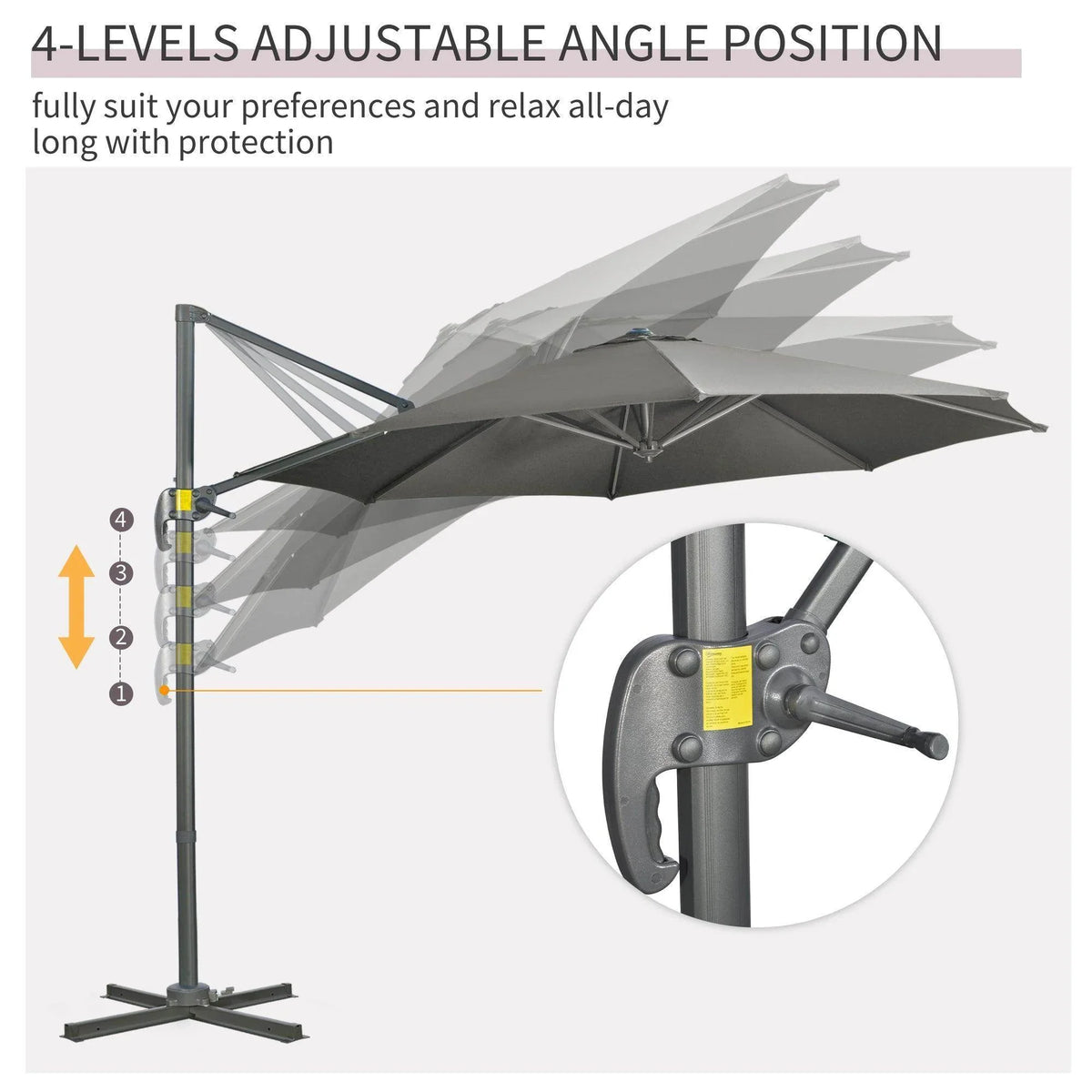 Grey cantilever umbrella with 4-level adjustable tilt angle and crank control