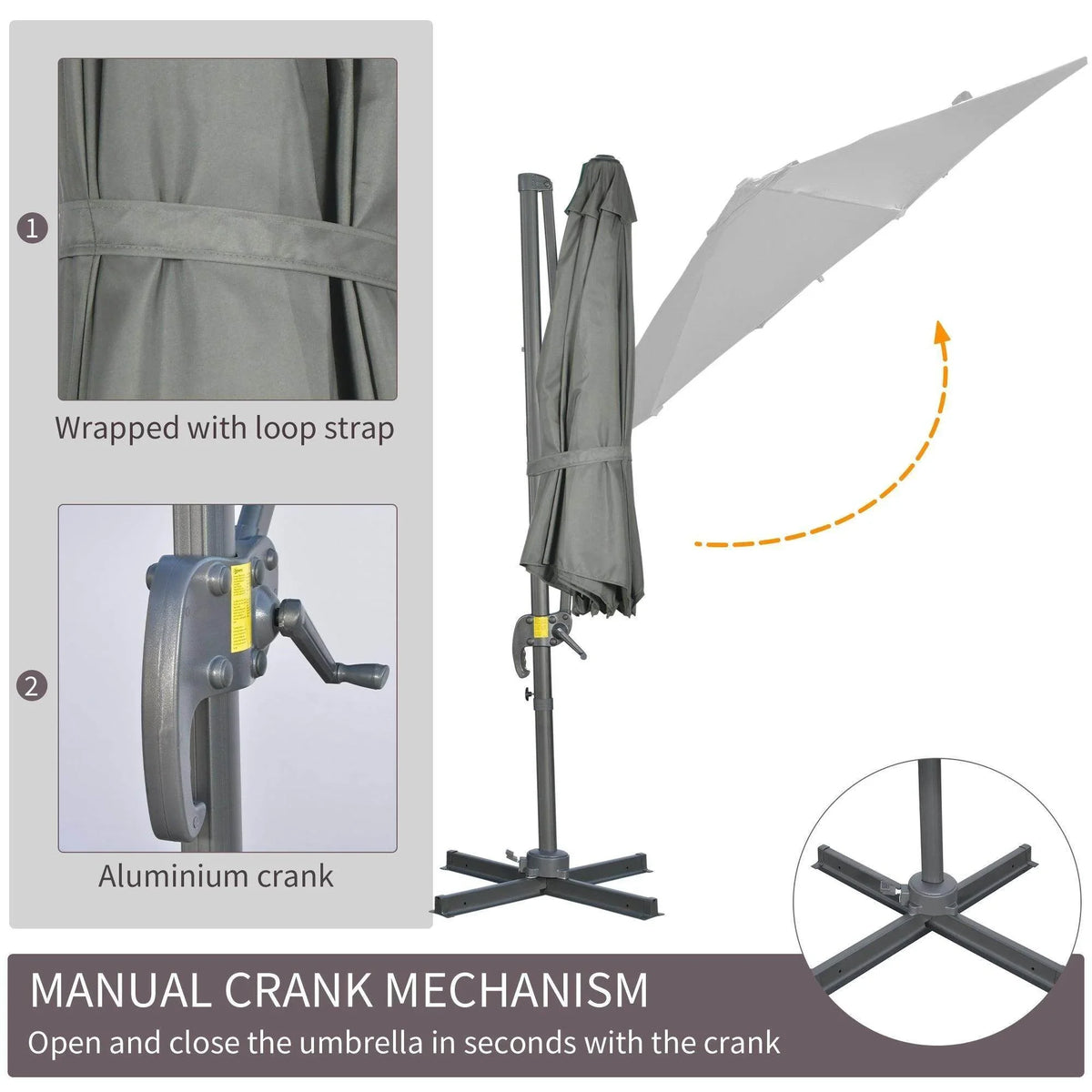 Grey cantilever umbrella with manual aluminum crank mechanism and loop strap