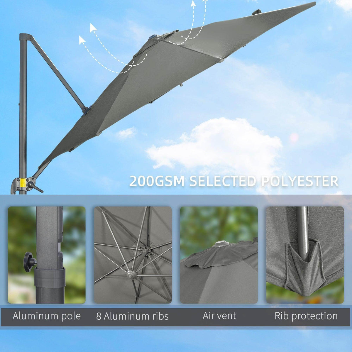 Grey cantilever umbrella canopy with air vent and reinforced rib supports