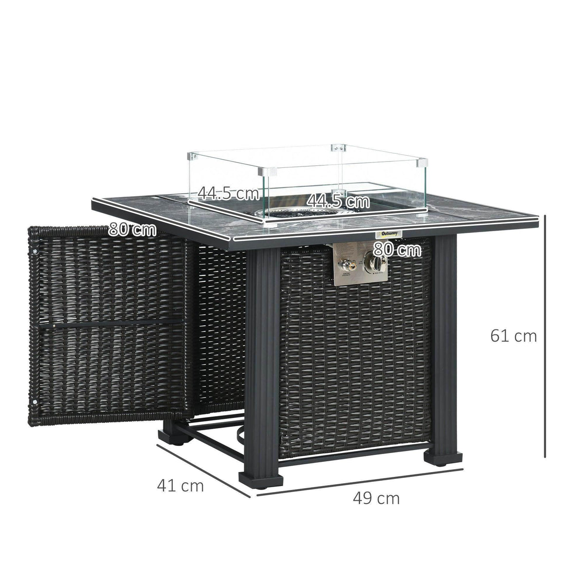 Gas fire pit table with dark rattan base, clear glass shield, center control panel, marble top