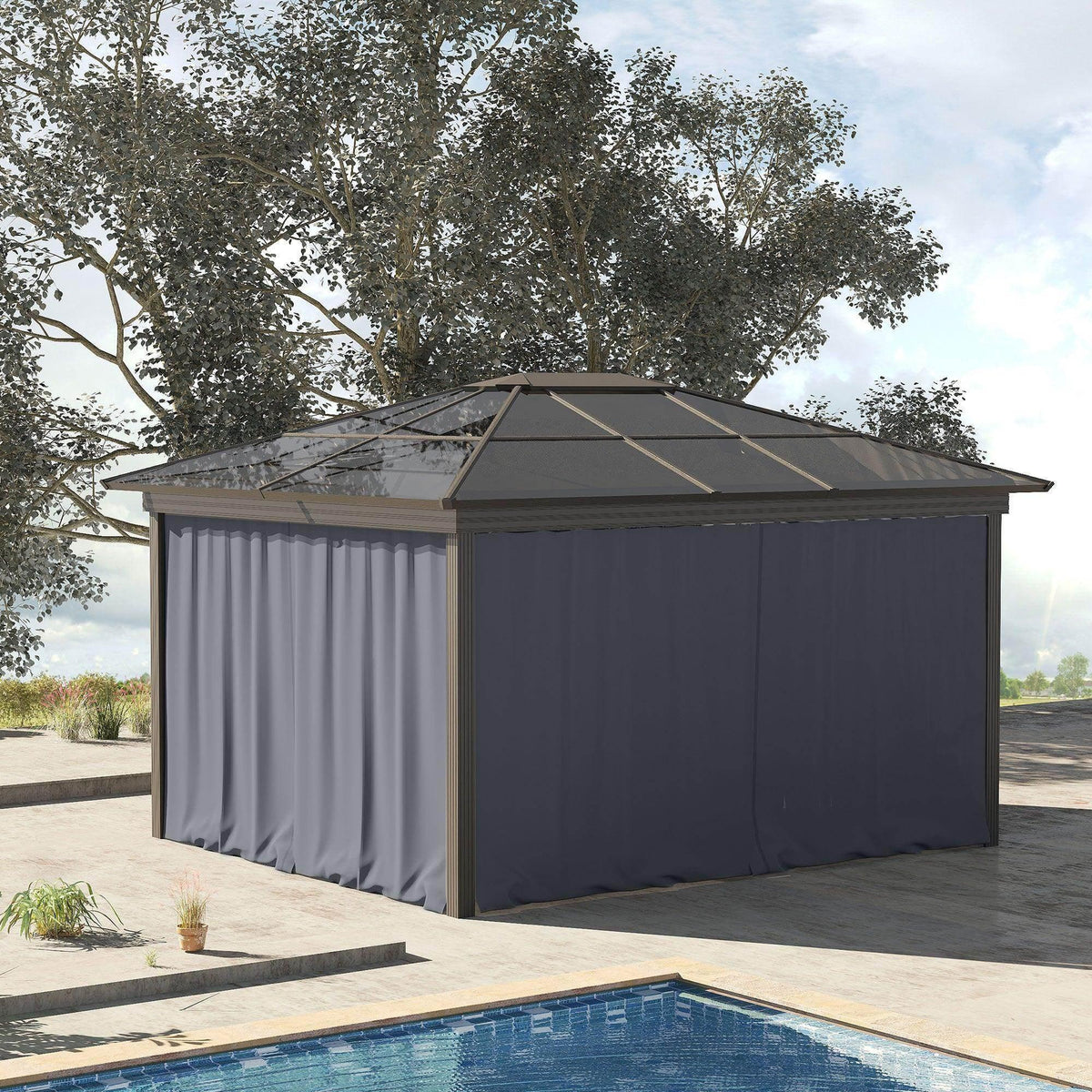 Dark grey gazebo sidewall curtains, 4-panel set with draped fabric