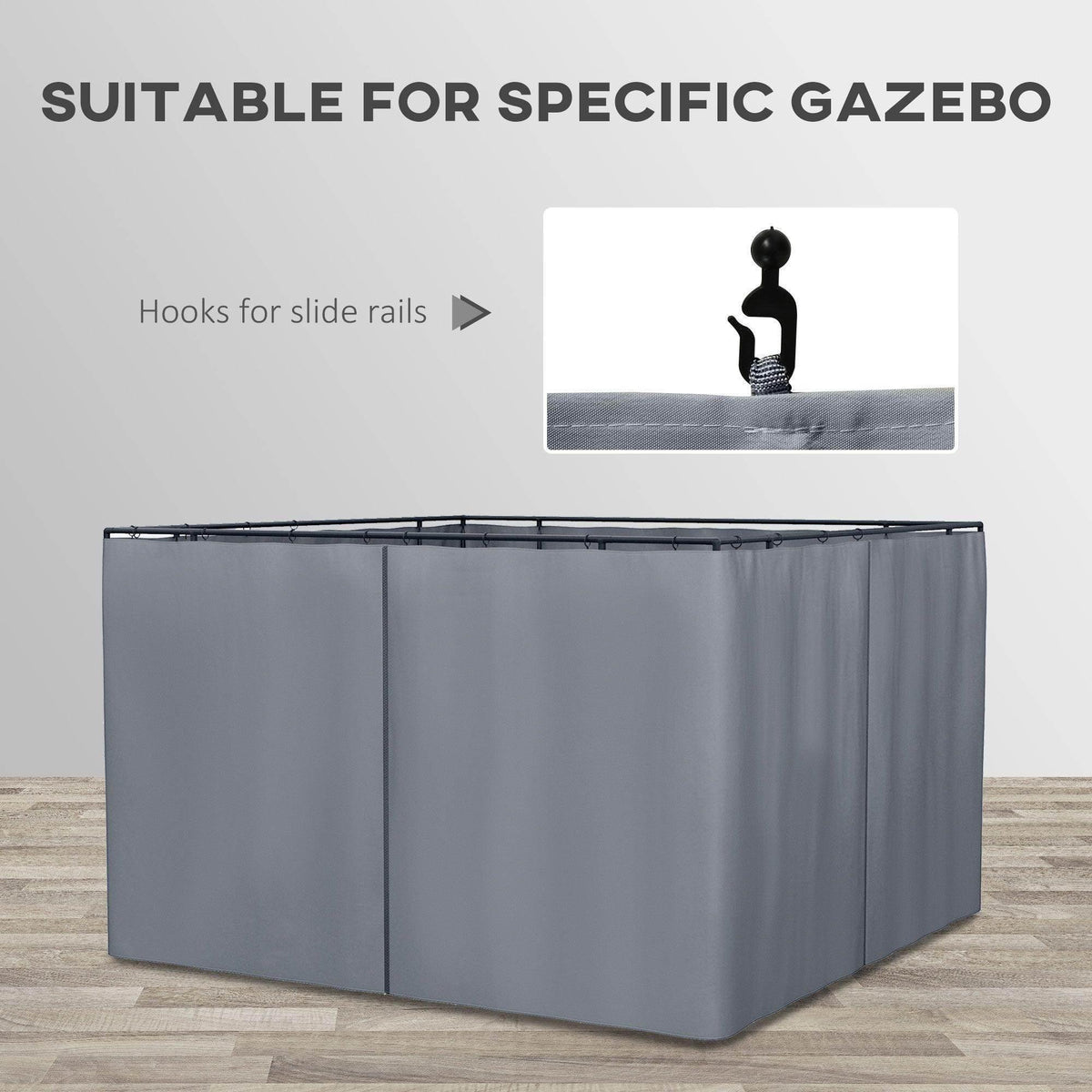 Dark grey gazebo sidewall curtains with top slide-rail hooks