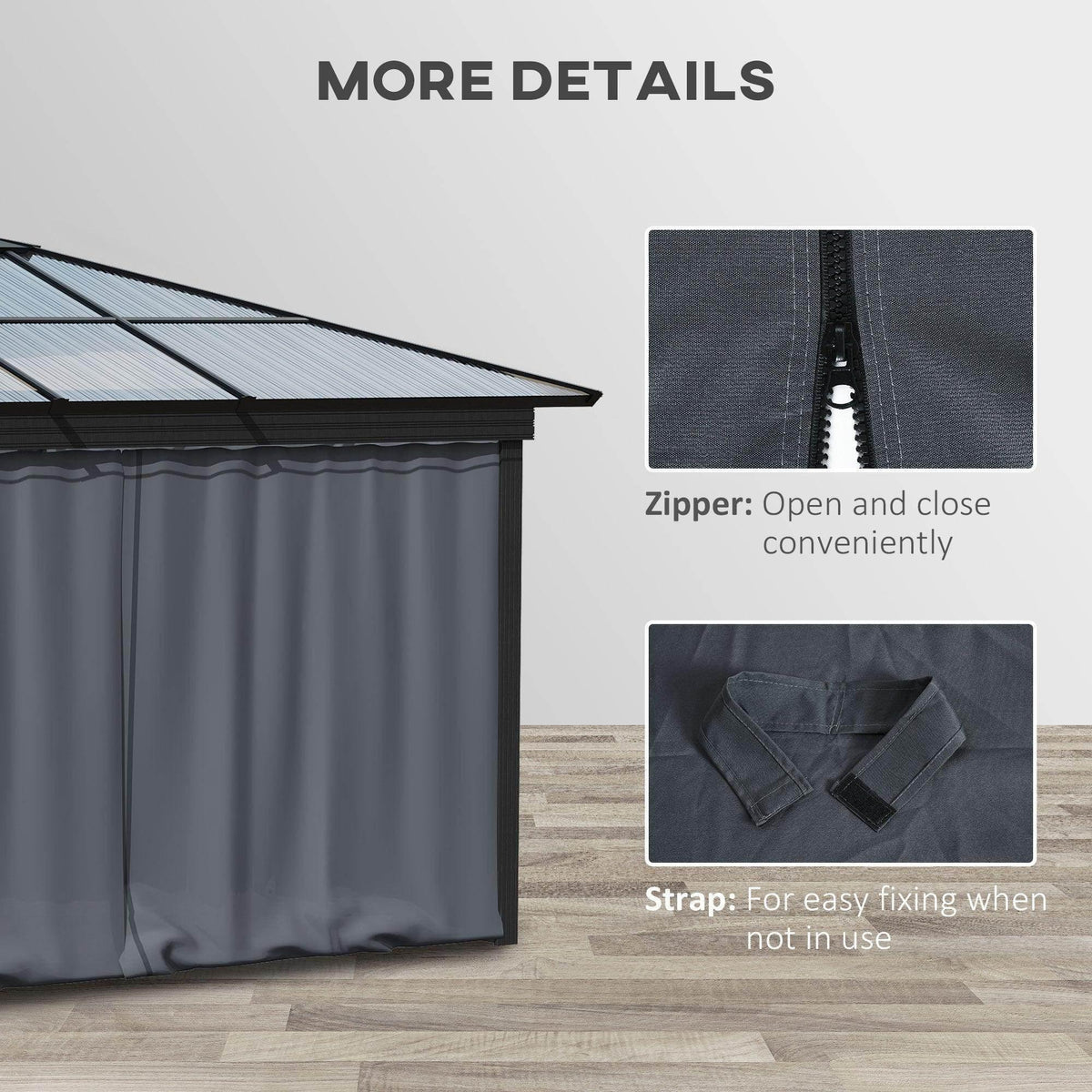 Dark grey sidewall curtain with zipper closure and attachment strap