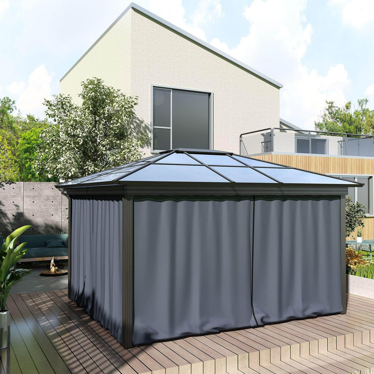 Dark grey gazebo sidewall curtains around the perimeter with smooth drape