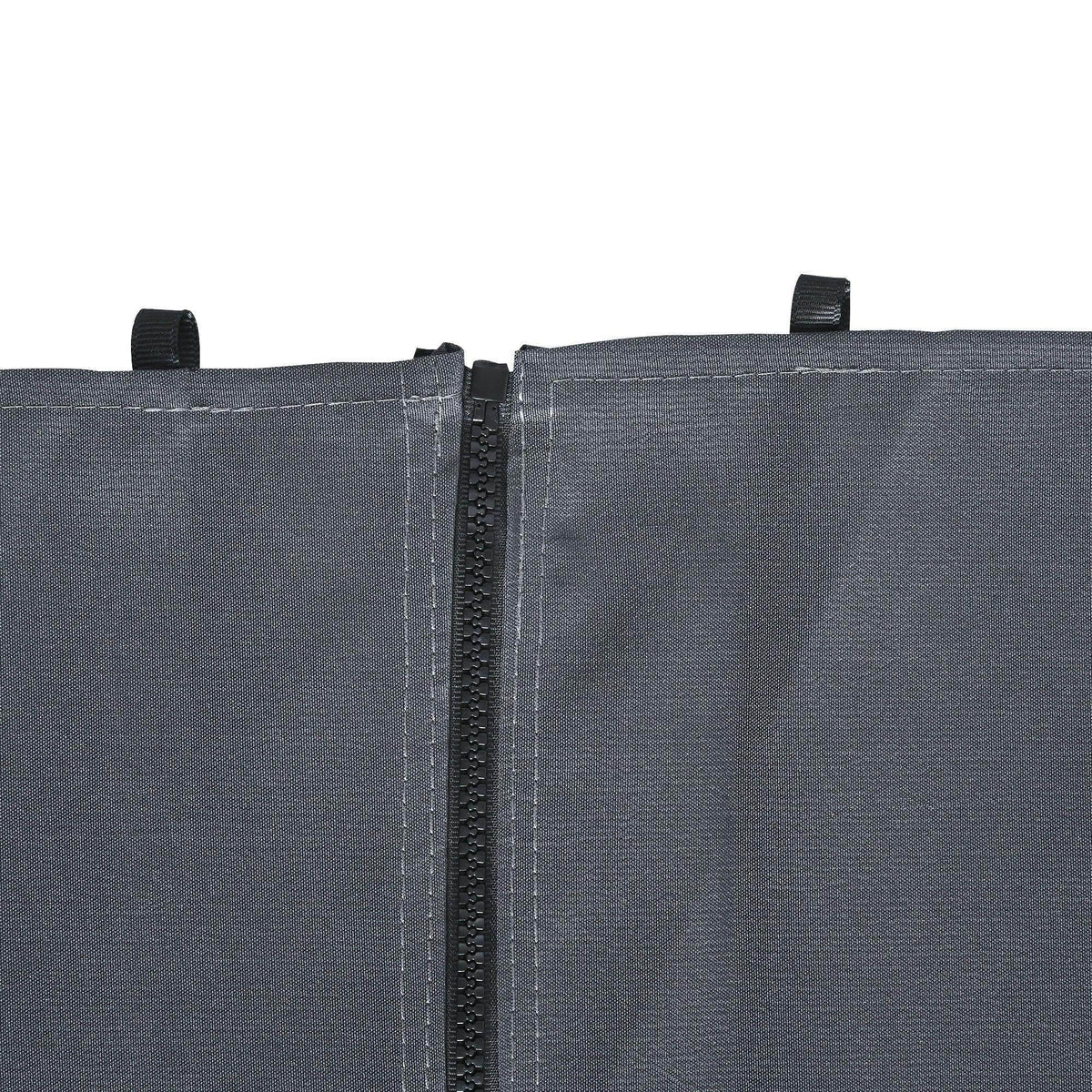 Dark grey sidewall curtain seam with zipper track and hanging strap