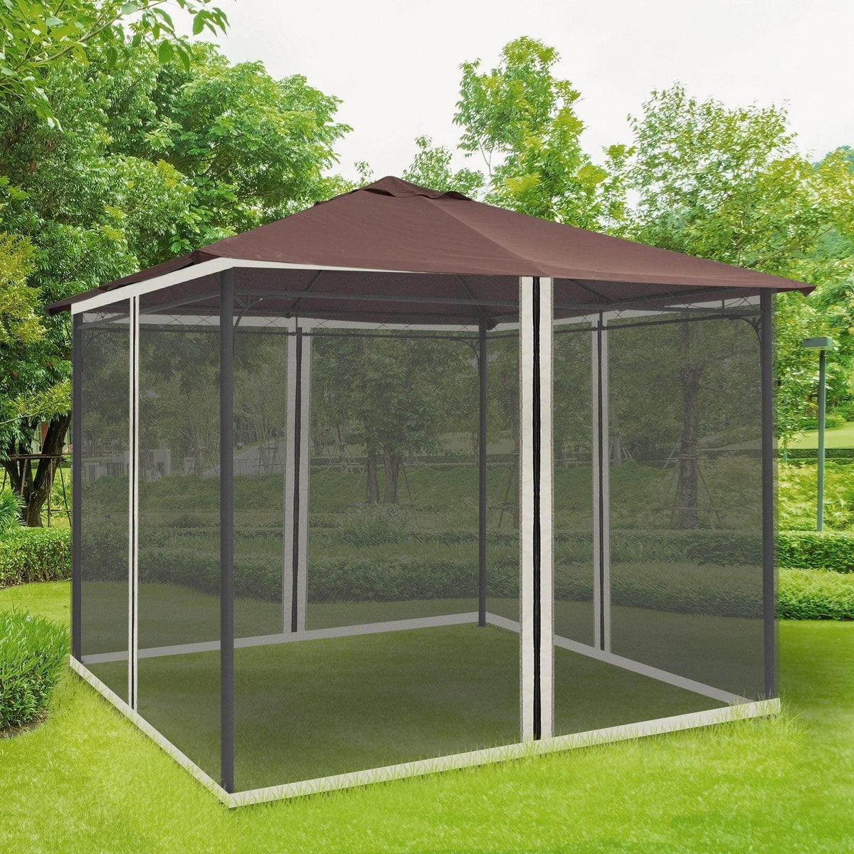 4-panel gazebo mesh sidewalls with zipper curtains and dark frame