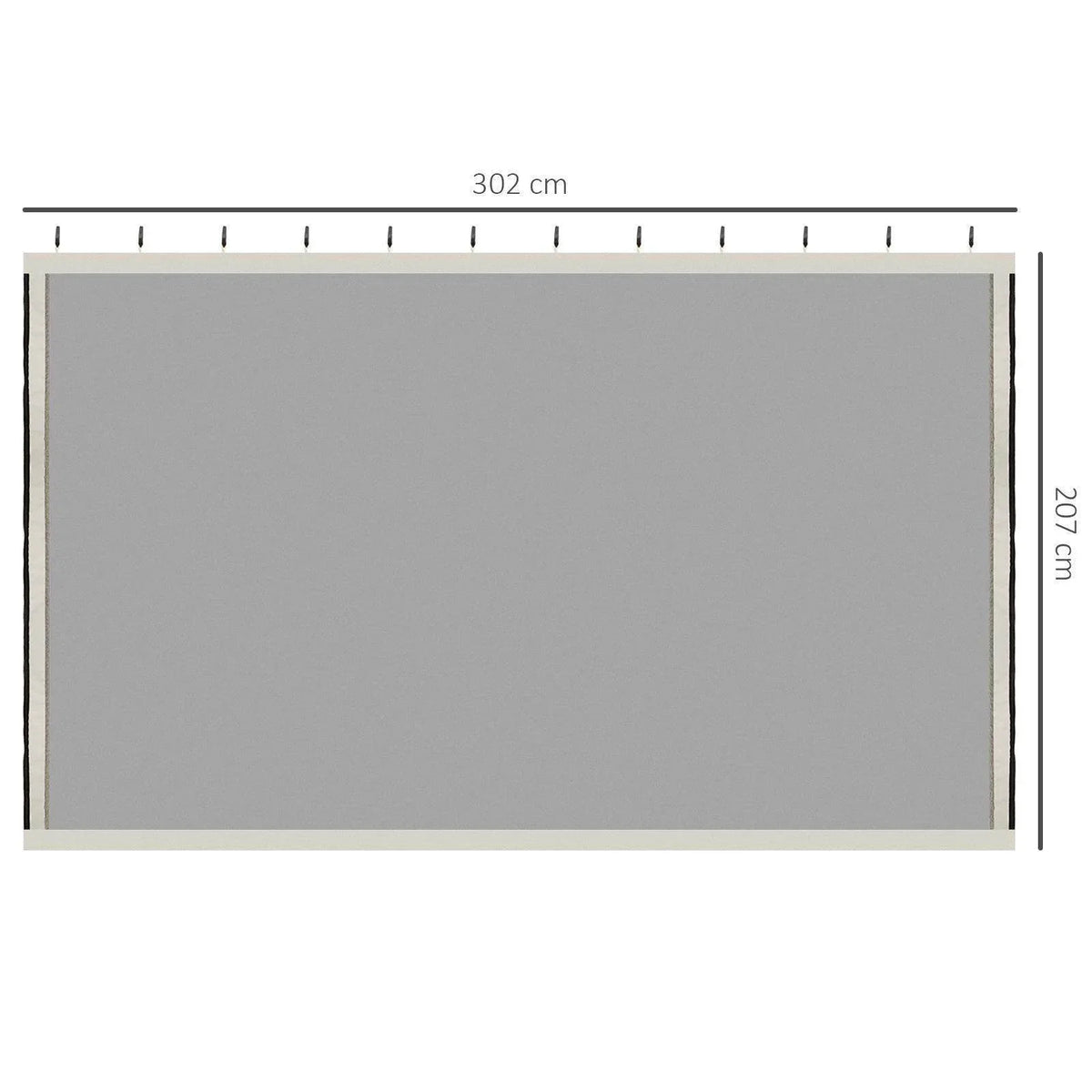 Gray gazebo mesh wall panel size diagram with measurement lines